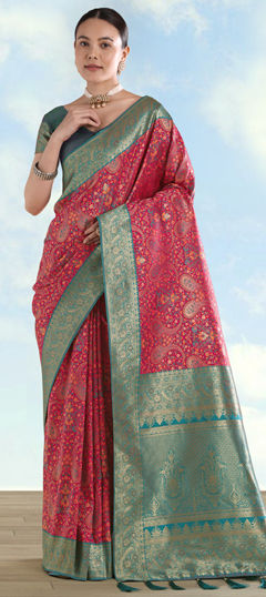Pink and Majenta color Saree in Banarasi Silk fabric with Weaving work