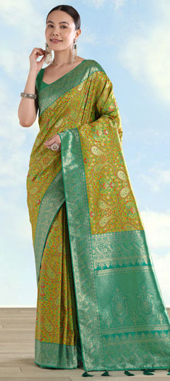 Yellow color Saree in Banarasi Silk fabric with Weaving work