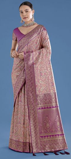 Beige and Brown color Saree in Banarasi Silk fabric with Weaving work