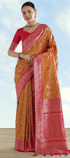Yellow color Saree in Banarasi Silk fabric with Weaving work