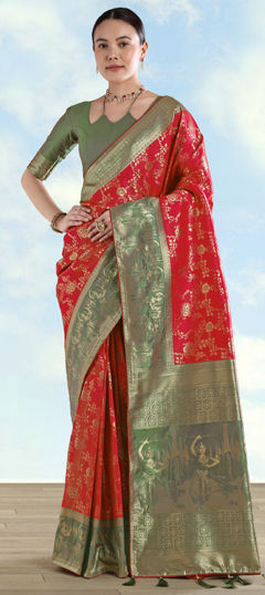 Red and Maroon color Saree in Banarasi Silk fabric with Weaving, Zari work