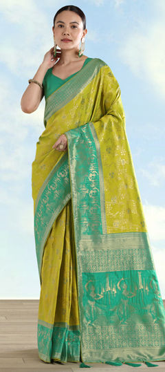Green color Saree in Banarasi Silk fabric with Weaving, Zari work