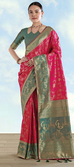 Pink and Majenta color Saree in Banarasi Silk fabric with Weaving, Zari work