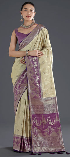 White and Off White color Saree in Banarasi Silk fabric with Weaving, Zari work