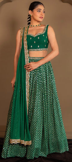 Green color Lehenga in Faux Georgette fabric with Embroidered, Sequence, Zari work