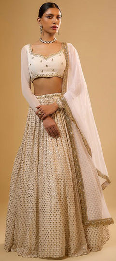 White and Off White color Lehenga in Faux Georgette fabric with Embroidered, Sequence, Zari work