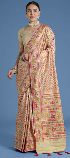 White and Off White color Saree in Banarasi Silk fabric with Printed, Weaving work