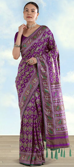 Purple and Violet color Saree in Banarasi Silk fabric with Printed, Weaving work