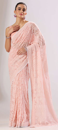 Pink and Majenta color Readymade Saree in Georgette fabric with Embroidered, Sequence work