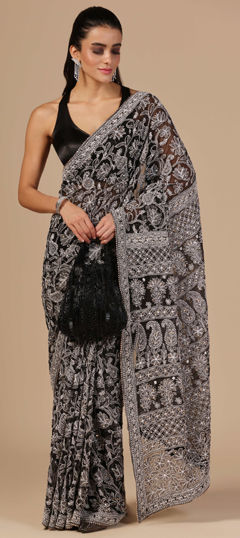 Black and Grey color Readymade Saree in Georgette fabric with Embroidered, Gota Patti, Lace, Mukesh work