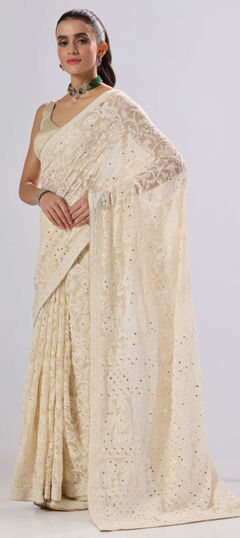 Beige and Brown color Readymade Saree in Georgette fabric with Embroidered, Gota Patti, Lace, Mukesh work