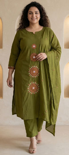 Green color Salwar Kameez in Cotton fabric with Bugle Beads, Embroidered, Mirror, Resham, Thread work