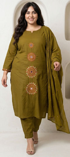 Yellow color Salwar Kameez in Cotton fabric with Bugle Beads, Embroidered, Mirror, Resham, Thread work