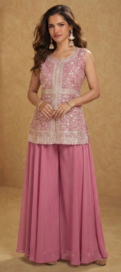 Pink and Majenta color Salwar Kameez in Georgette fabric with Embroidered, Sequence work