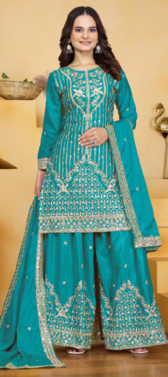 Blue color Salwar Kameez in Crepe Silk fabric with Embroidered, Sequence, Thread, Zari work