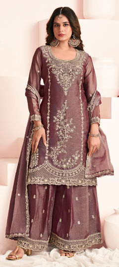 Beige and Brown color Salwar Kameez in Silk fabric with Embroidered work