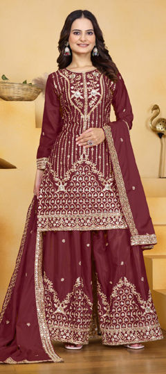 Beige and Brown color Salwar Kameez in Crepe Silk fabric with Embroidered, Sequence, Thread, Zari work