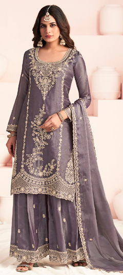 Purple and Violet color Salwar Kameez in Silk fabric with Embroidered work