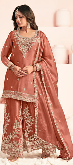 Beige and Brown color Salwar Kameez in Silk fabric with Embroidered work