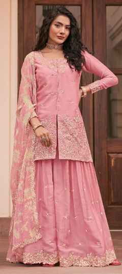 Pink and Majenta color Salwar Kameez in Silk fabric with Embroidered work