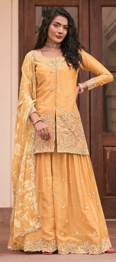 Yellow color Salwar Kameez in Silk fabric with Embroidered work
