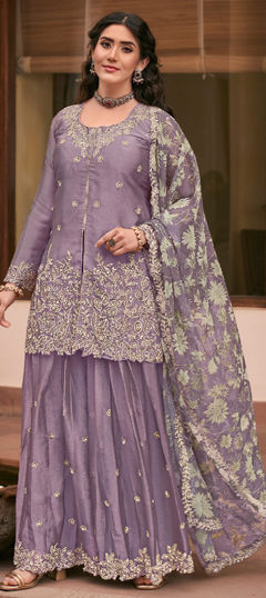 Purple and Violet color Salwar Kameez in Silk fabric with Embroidered work