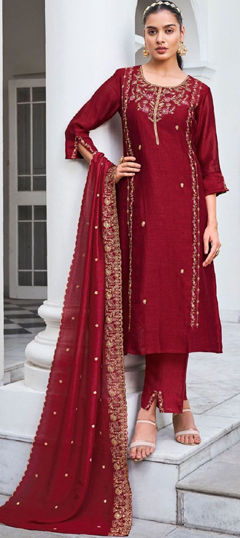 Red and Maroon color Salwar Kameez in Silk fabric with Embroidered, Sequence work