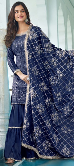 Blue color Salwar Kameez in Chinon Silk fabric with Embroidered, Sequence work