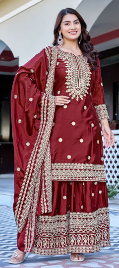 Red and Maroon color Salwar Kameez in Chinon Silk fabric with Embroidered, Sequence work