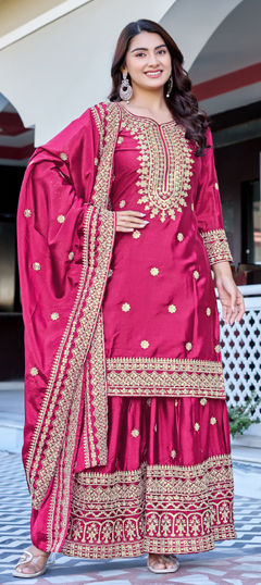Pink and Majenta color Salwar Kameez in Chinon Silk fabric with Embroidered, Sequence work