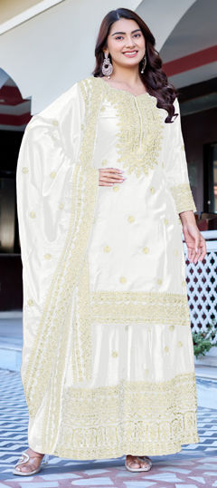 White and Off White color Salwar Kameez in Chinon Silk fabric with Embroidered, Sequence work