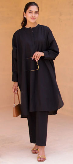Black and Grey color Salwar Kameez in Cotton fabric with Thread work