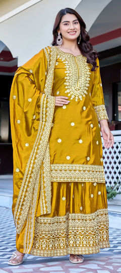 Yellow color Salwar Kameez in Chinon Silk fabric with Embroidered, Sequence work