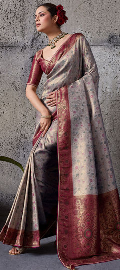 Black and Grey color Saree in Kanjeevaram Silk fabric with Weaving work