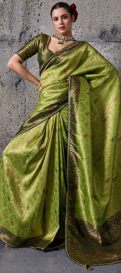 Green color Saree in Kanjeevaram Silk fabric with Weaving work