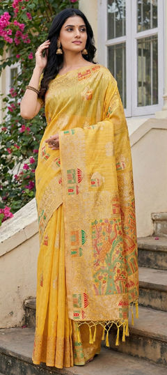 Yellow color Saree in Cotton, Linen fabric with Weaving work