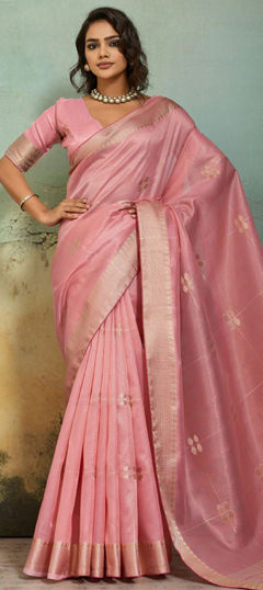 Pink and Majenta color Saree in Tissue fabric with Printed, Weaving, Zari work