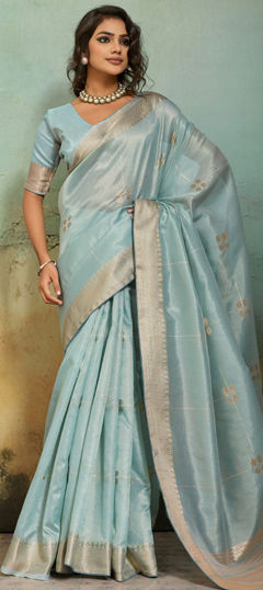 Blue color Saree in Tissue fabric with Printed, Weaving, Zari work