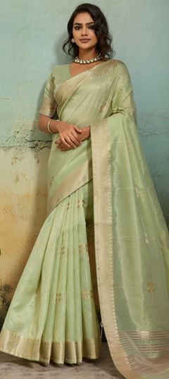 Green color Saree in Tissue fabric with Printed, Weaving, Zari work