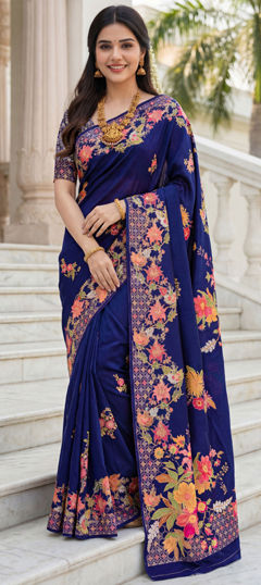 Blue color Saree in Silk fabric with Floral, Printed work