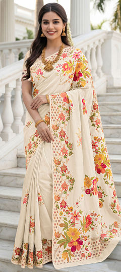 White and Off White color Saree in Silk fabric with Floral, Printed work