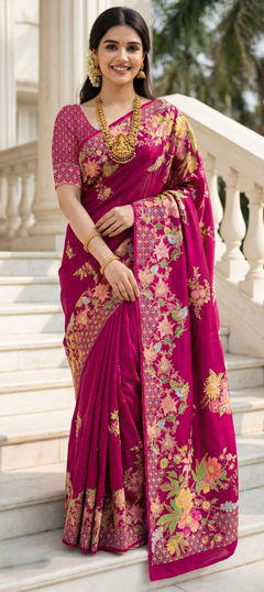 Pink and Majenta color Saree in Silk fabric with Floral, Printed work