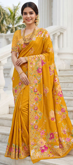 Yellow color Saree in Silk fabric with Floral, Printed work