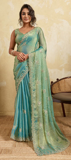 Blue color Saree in Chiffon fabric with Embroidered work