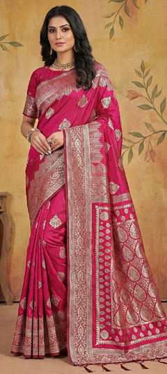 Pink and Majenta color Saree in Blended, Silk fabric with Weaving work