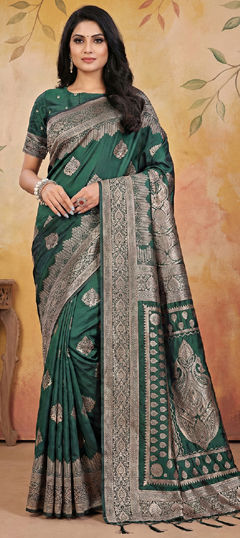 Green color Saree in Blended, Silk fabric with Weaving work