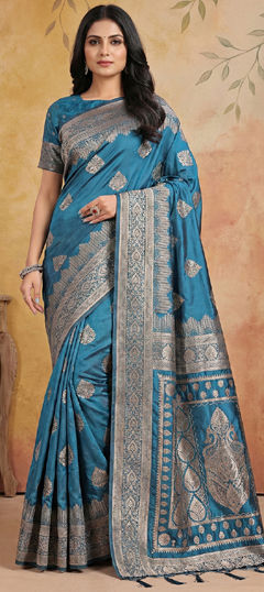 Blue color Saree in Blended, Silk fabric with Weaving work