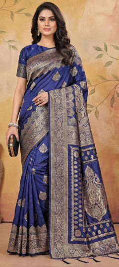 Blue color Saree in Blended, Silk fabric with Weaving work