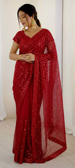 Red and Maroon color Saree in Net fabric with Sequence work