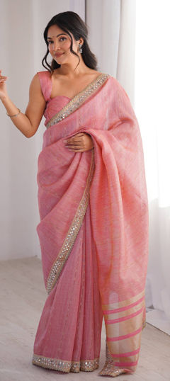Pink and Majenta color Saree in Cotton fabric with Border, Embroidered, Mirror work